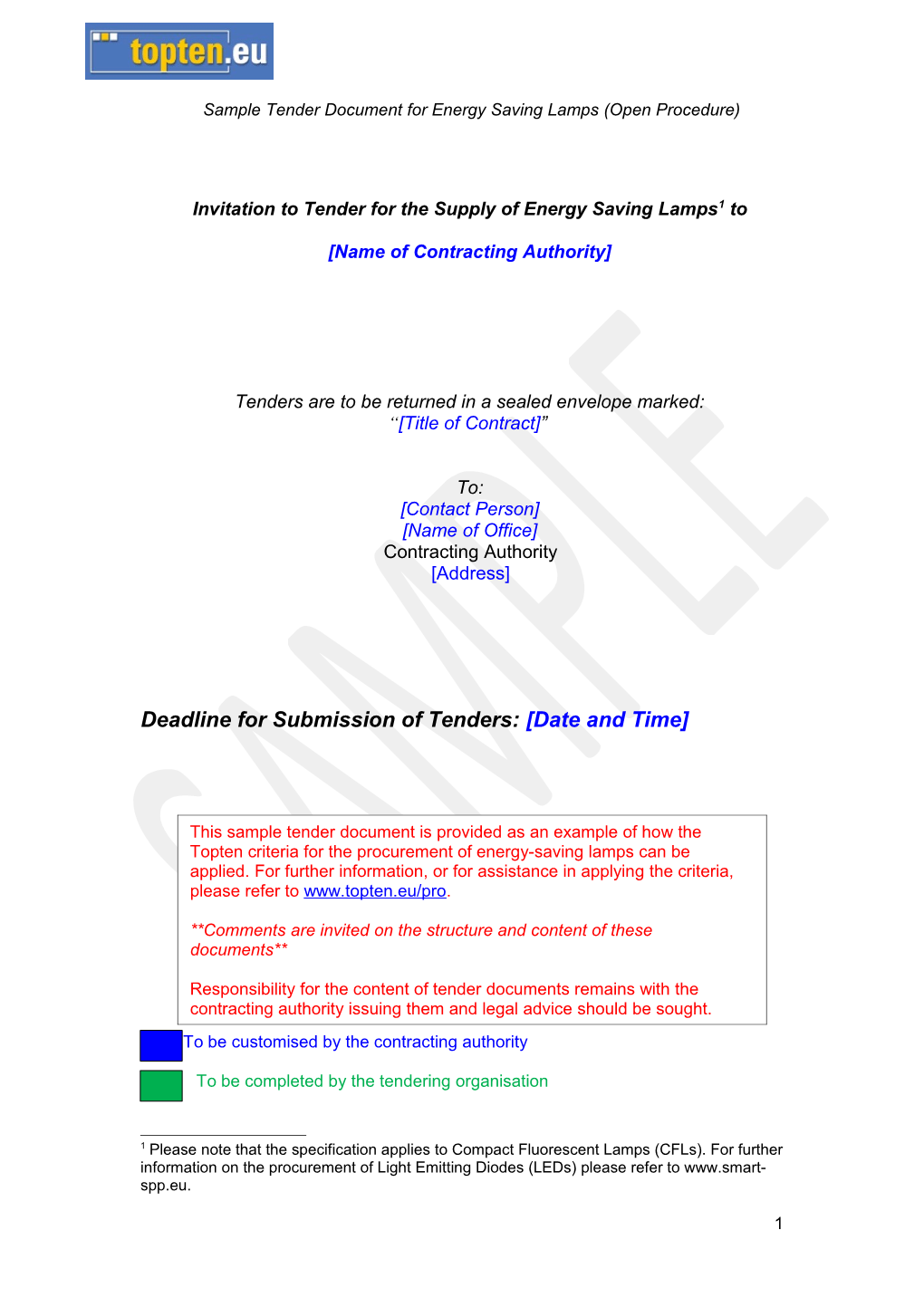 Sample Tender Document for Energy Saving Lamps (Open Procedure)