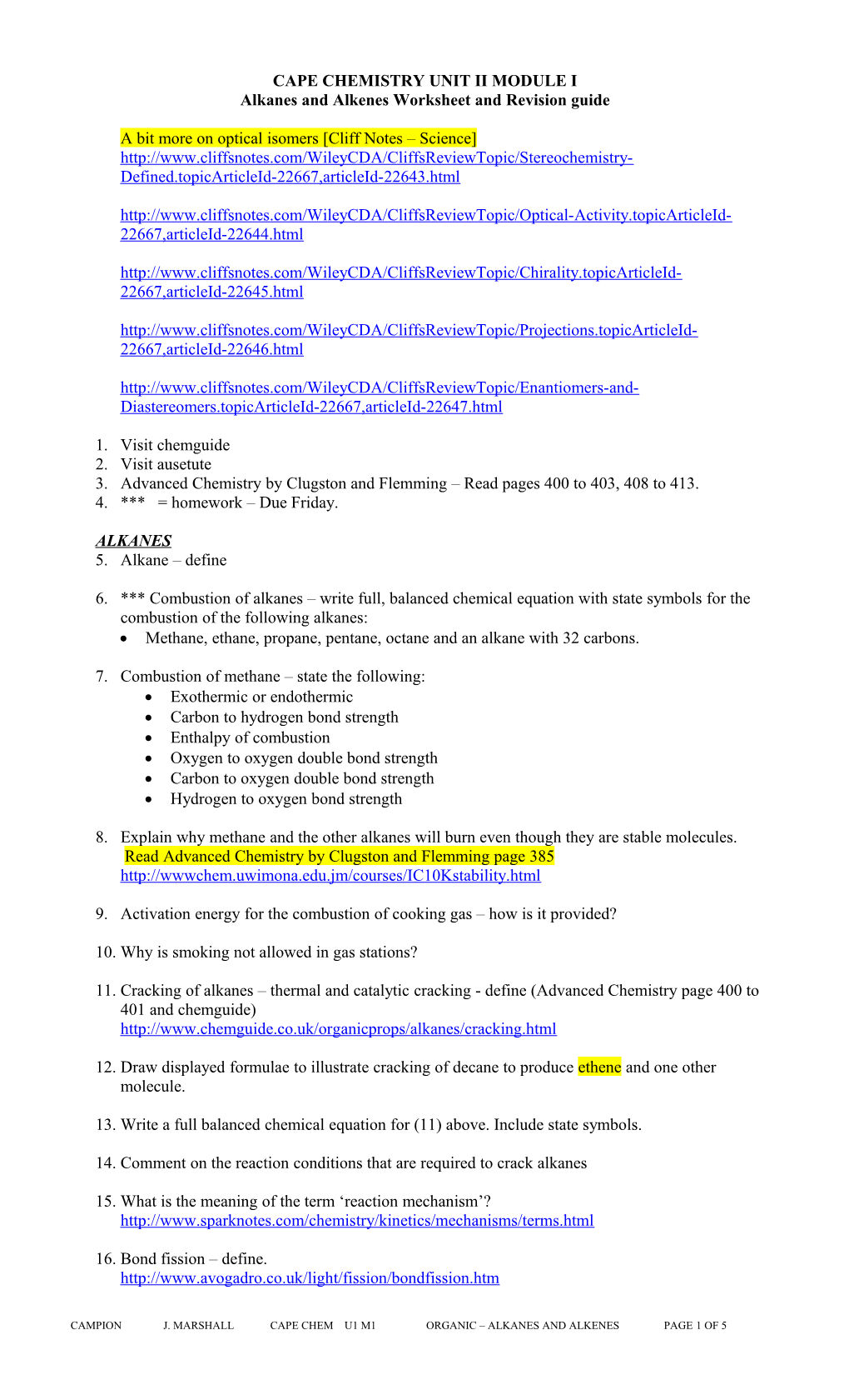 Alkanes and Alkenes Worksheet and Revision Guide