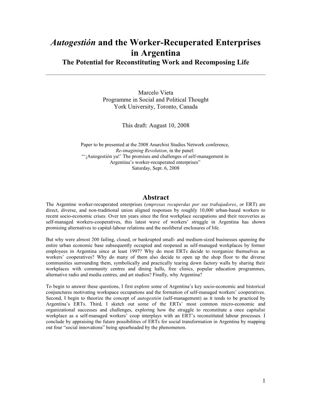 Autogestión in Argentina's Worker-Recuperated Enterprises: the Possibilities and Challenges