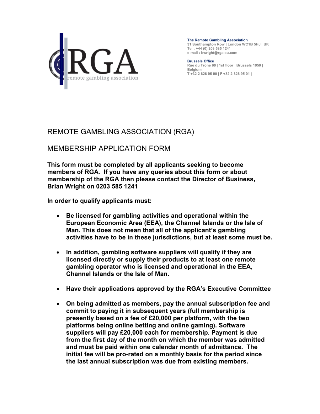 Remote Gambling Association (Rga)