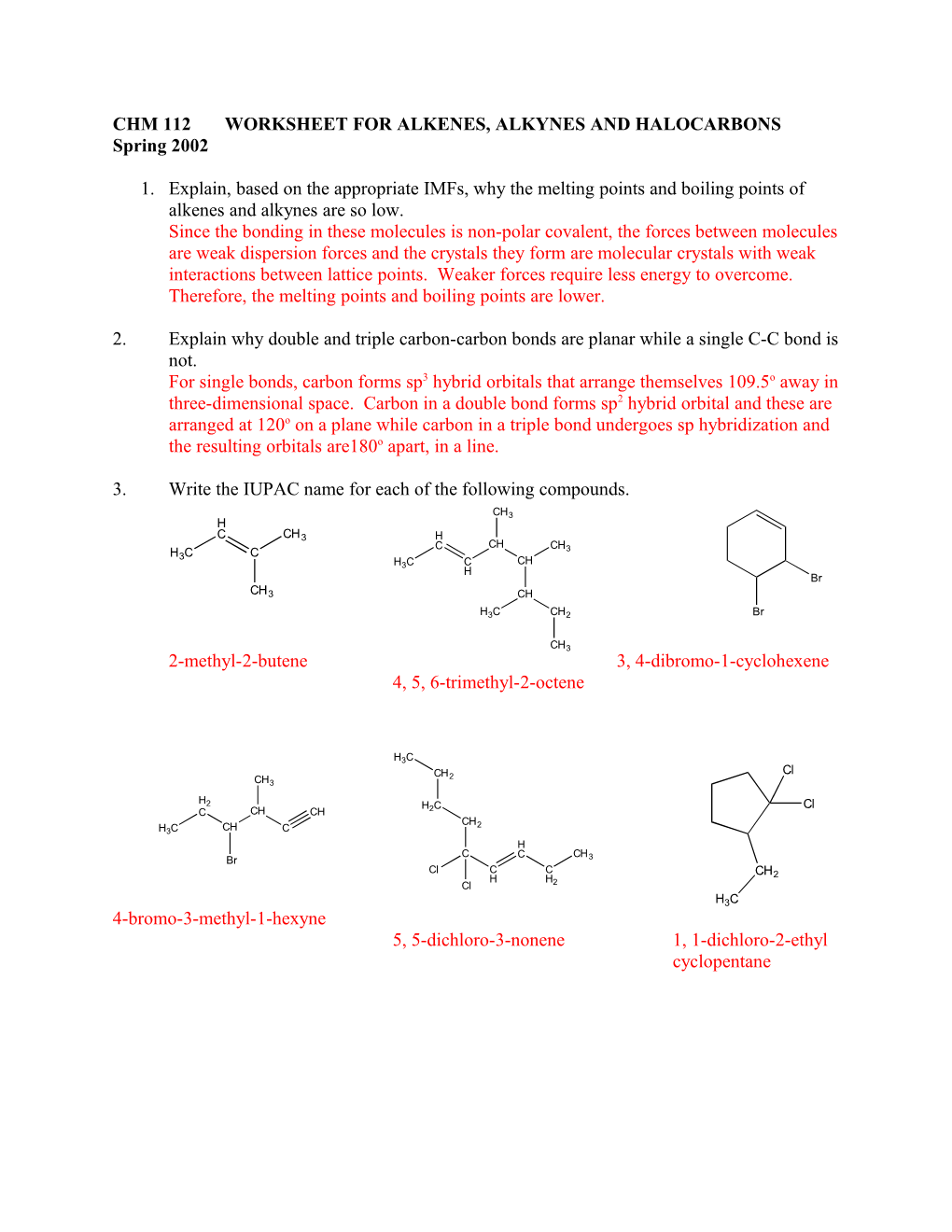 Chm 112 Worksheet for Alkenes, Alkynes and Halocarbons