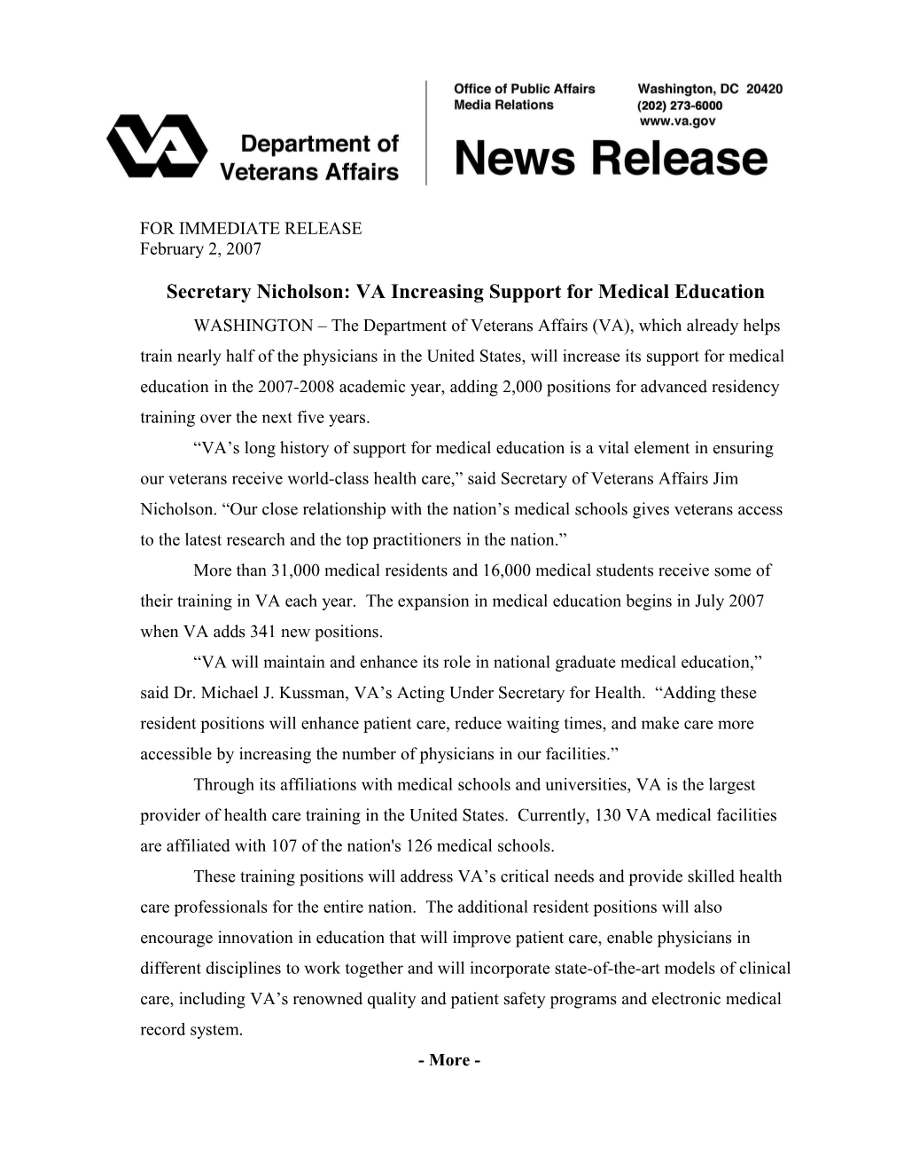 Secretary Nicholson: VA Increasing Support for Medical Education