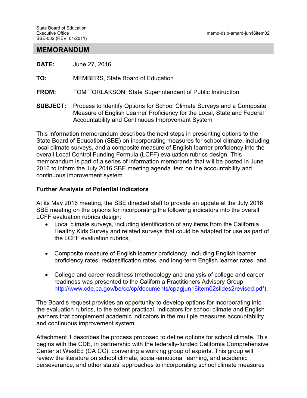 June 2016 Memo DSIB AMARD Item 02 - Information Memorandum (CA State Board of Education)