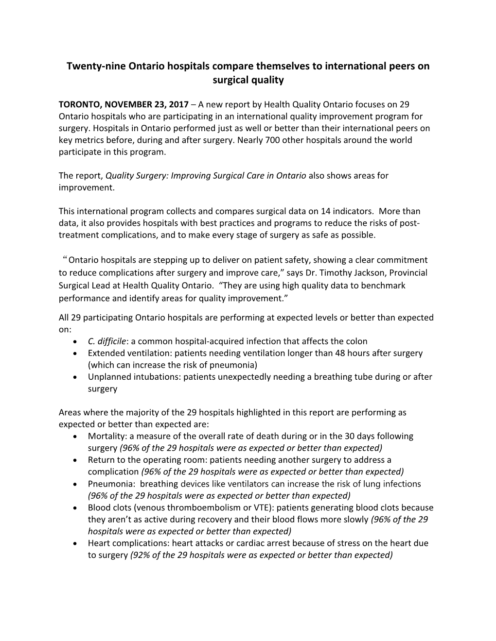 Twenty-Nine Ontario Hospitals Compare Themselves to International Peers on Surgical Quality
