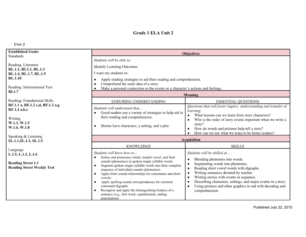 Grade 1 ELA Unit 2