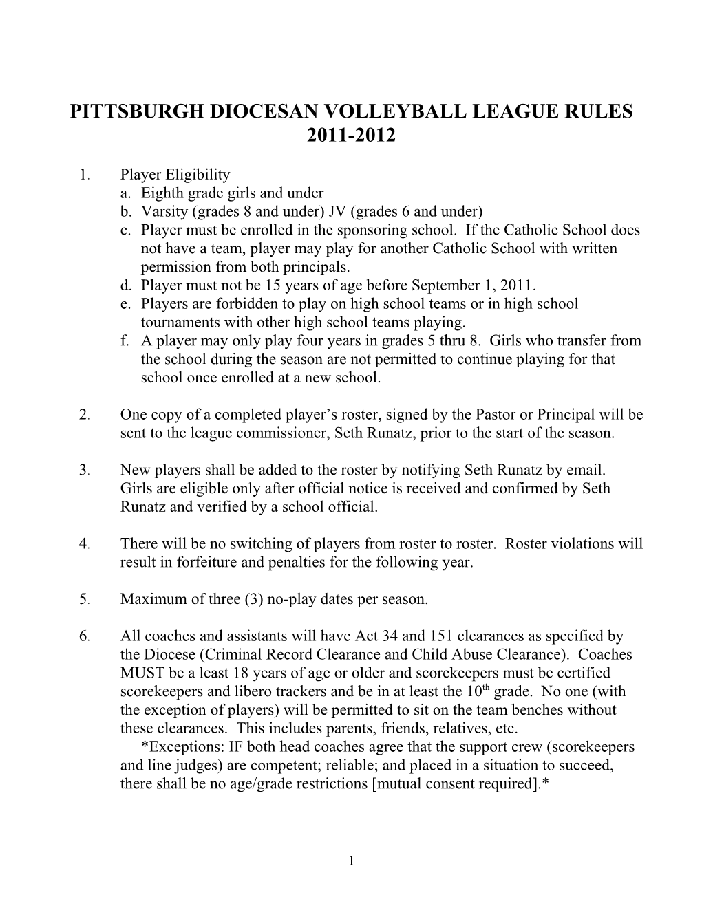 Pittsburgh Diocesan Volleyball League Rules