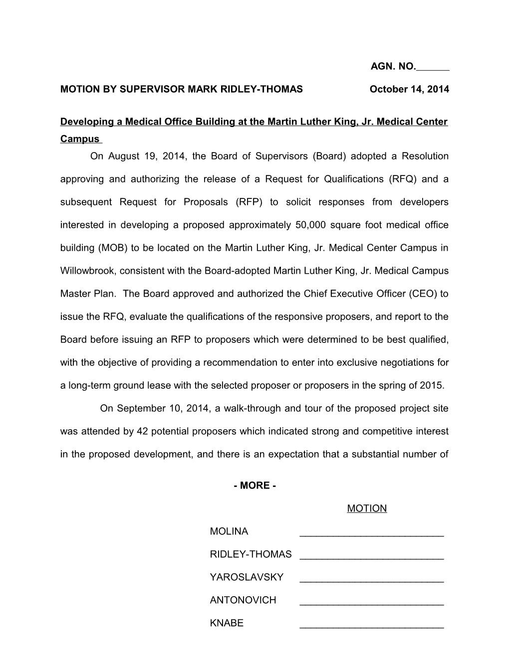 MOTION by SUPERVISOR MARK RIDLEY-THOMAS October 14, 2014