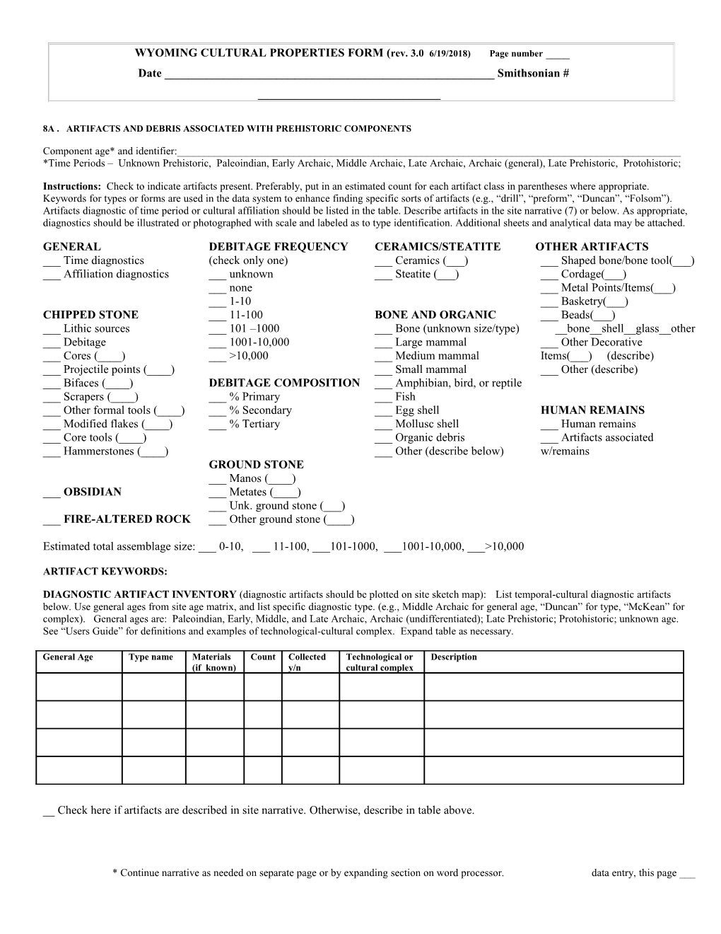 WYOMING ARCHAEOLOGICAL PROPERTIES FORM (ISOLATE/SHORT/STANDARD COVER) Rev