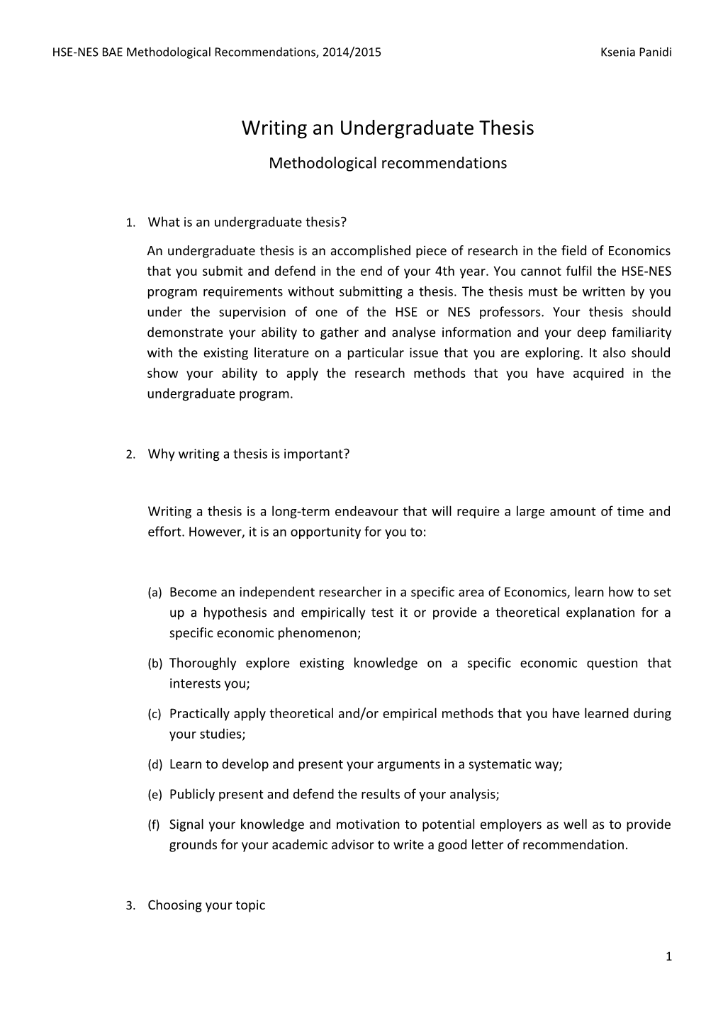 HSE-NES BAE Methodological Recommendations, 2014/2015 Ksenia Panidi