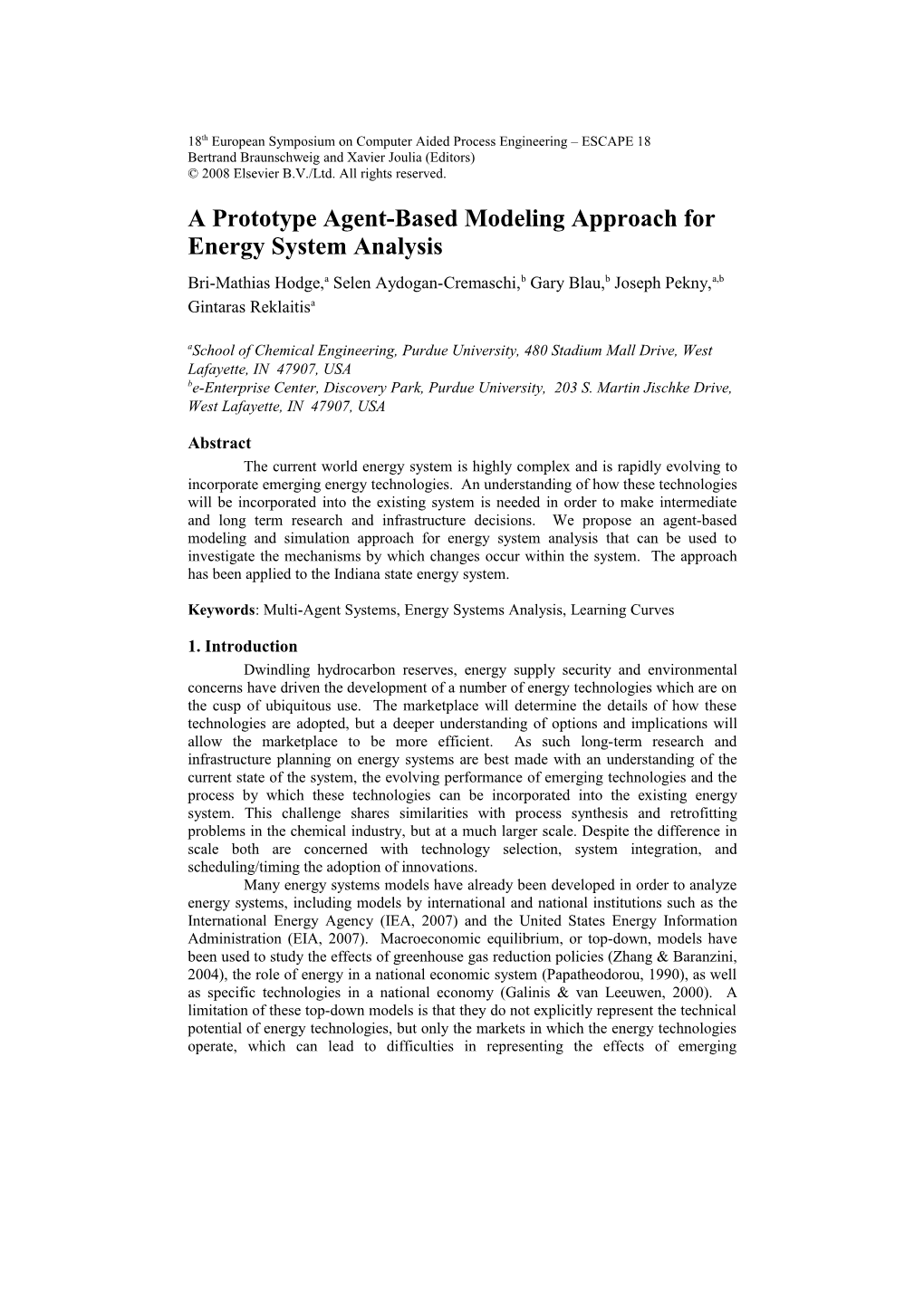 A Prototype Agent-Based Modeling Approach for Energy System Analysis