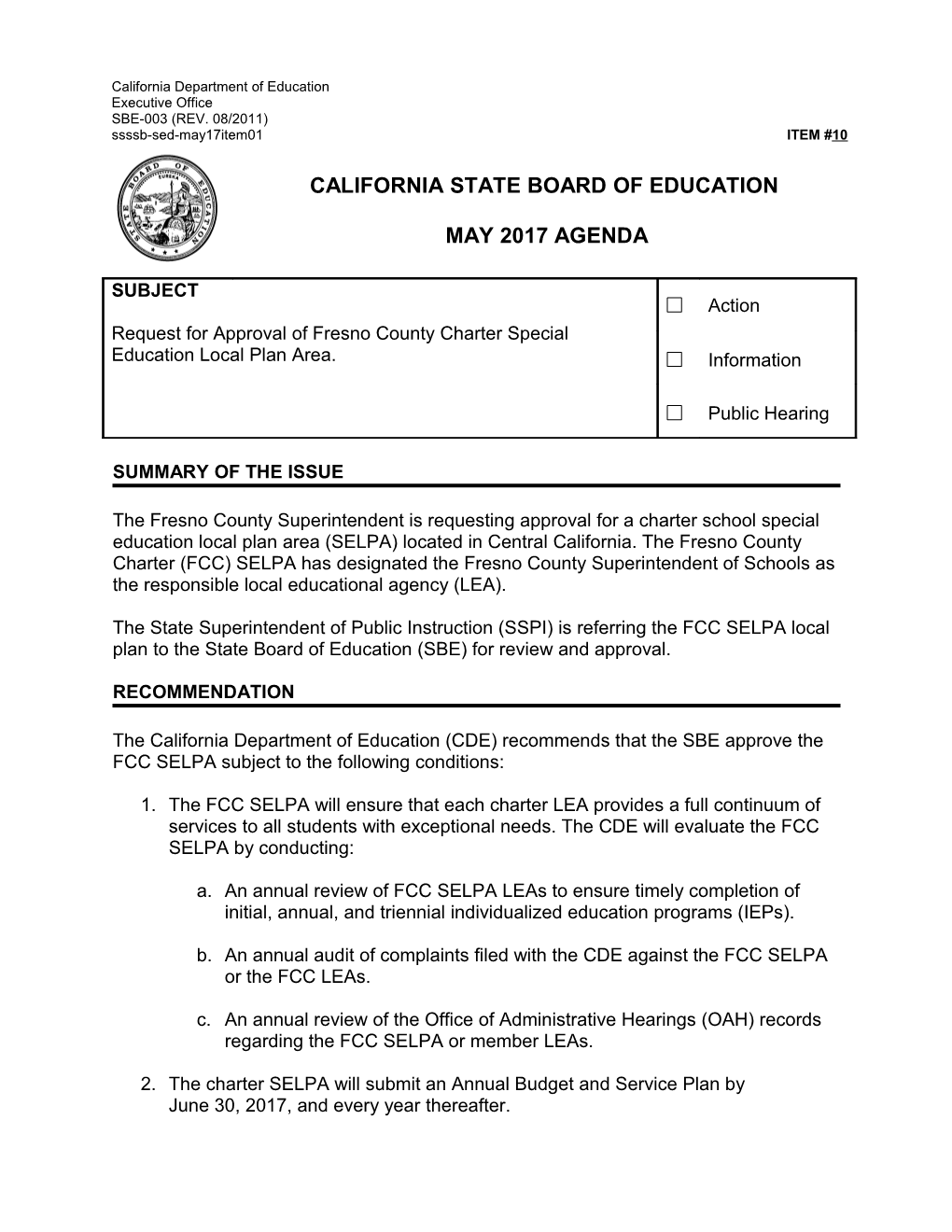 May 2017 Agenda Item 10 - Meeting Agendas (CA State Board of Education)