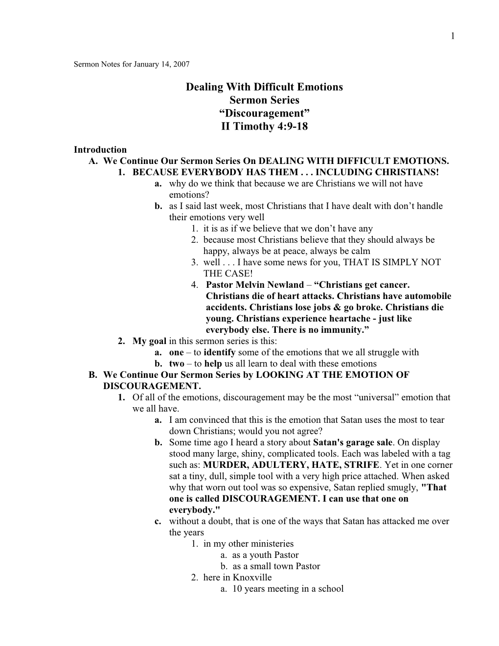 Sermon Notes for January 14, 2007