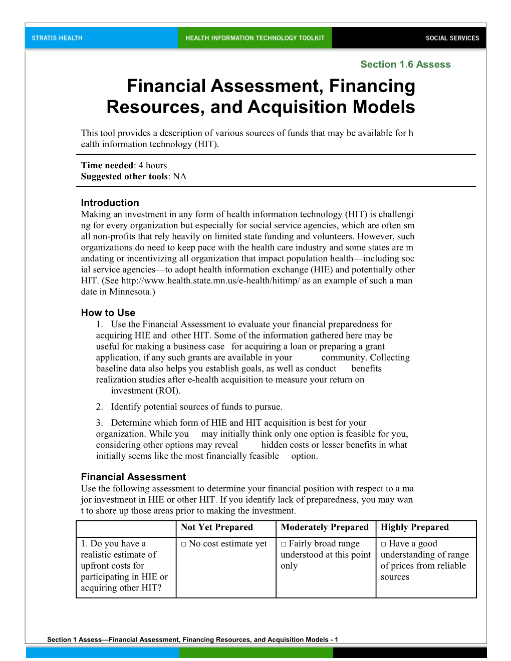 1 Financial Assessment, Financing Resources, and Acquisition Models