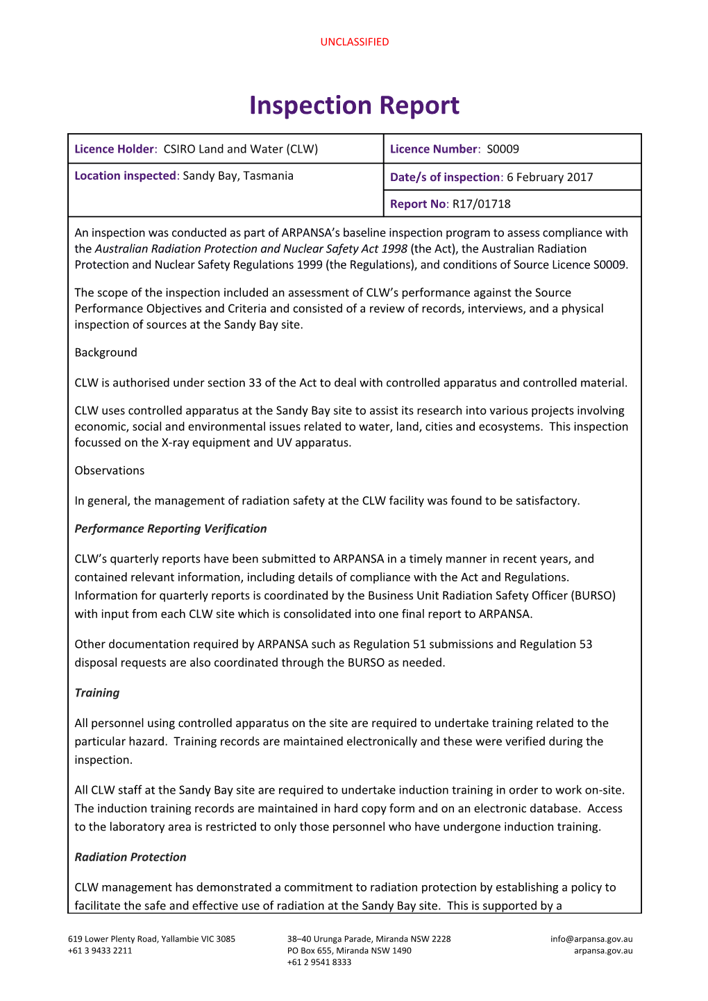 Inspection Report: CSIRO Land and Water, Sandy Bay Tasmania