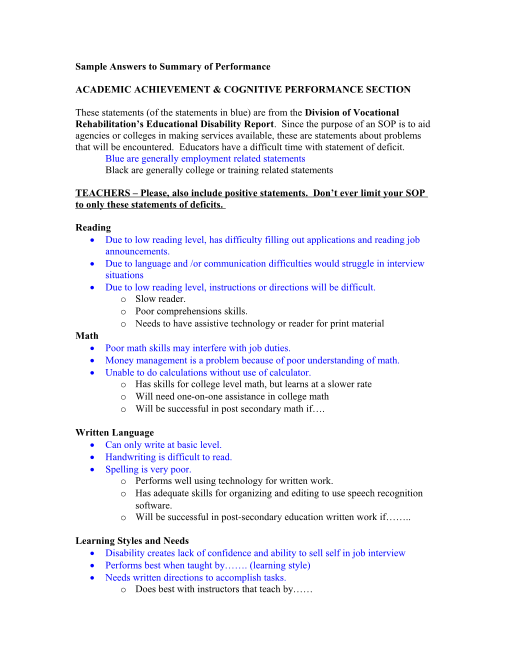 Sample Answers to Summary of Performance