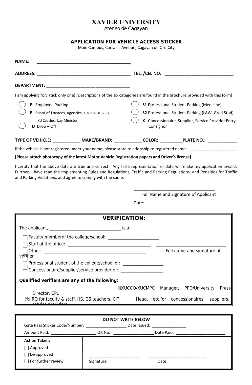 Application for Vehicle Access Sticker