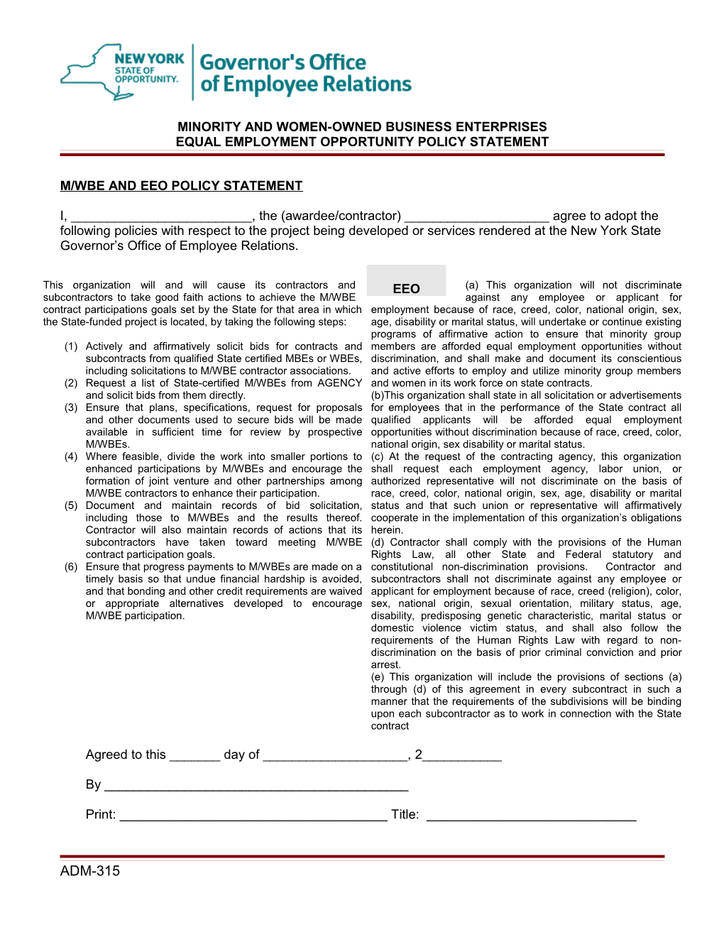 Minority and Women-Owned Business Enterprises Equal Employment Opportunity Policy Statement