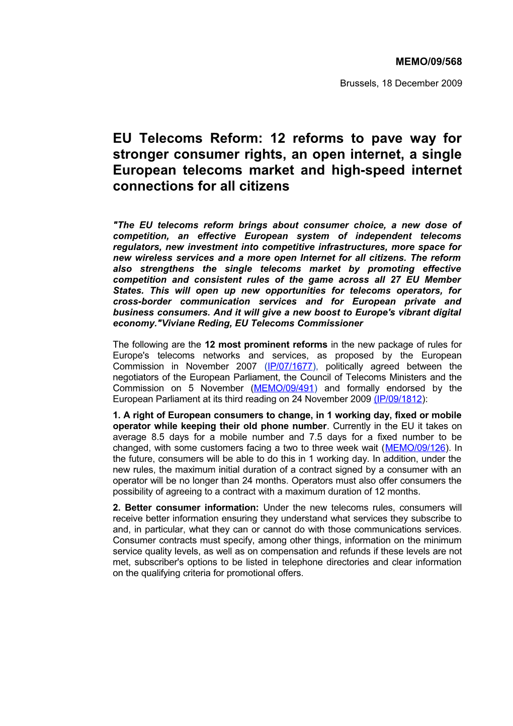 EU Telecoms Reform: 12 Reforms to Pave Way for Stronger Consumer Rights, an Open Internet