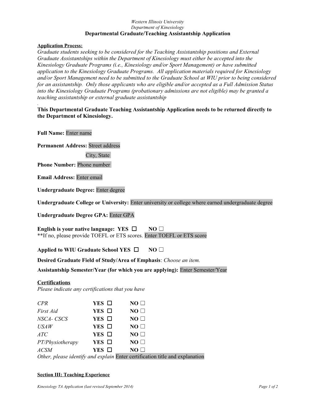 Departmental Graduate/Teaching Assistantship Application