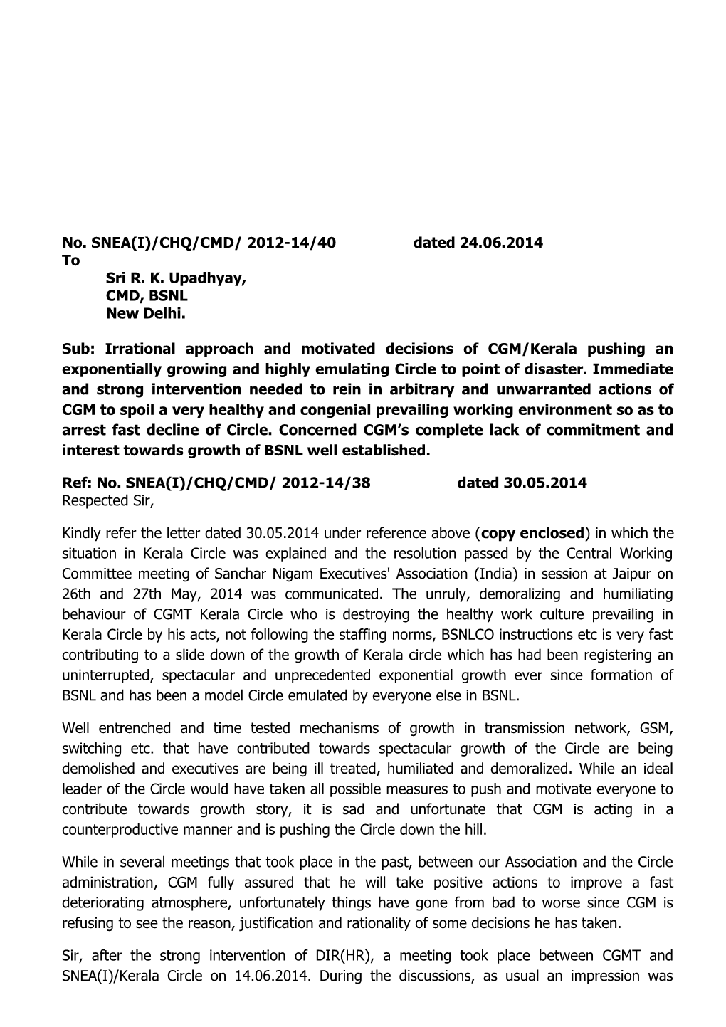 No. SNEA(I)/CHQ/CMD/ 2012-14/40Dated 24.06.2014