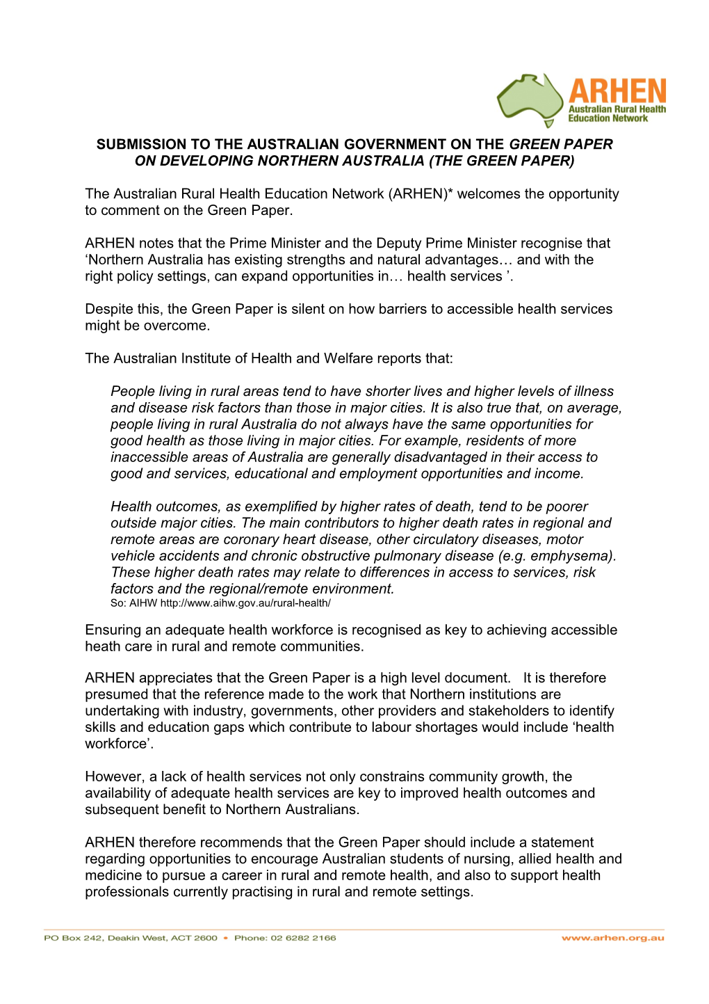 Submission to the Australian Government on the Green Paper on Developing Northern Australia