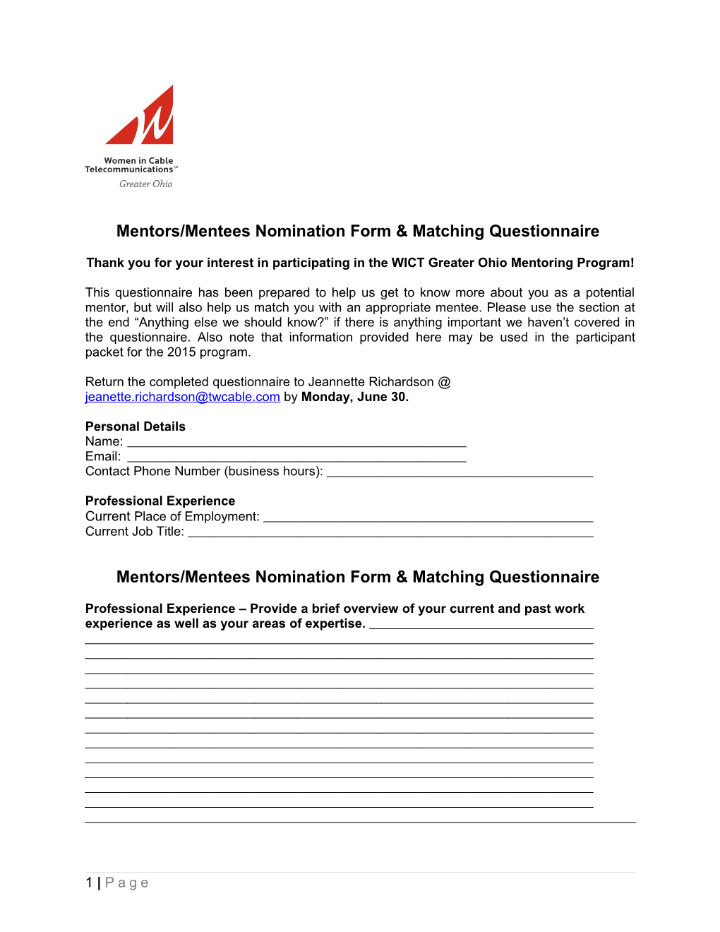 Mentors/Mentees Nomination Form & Matching Questionnaire