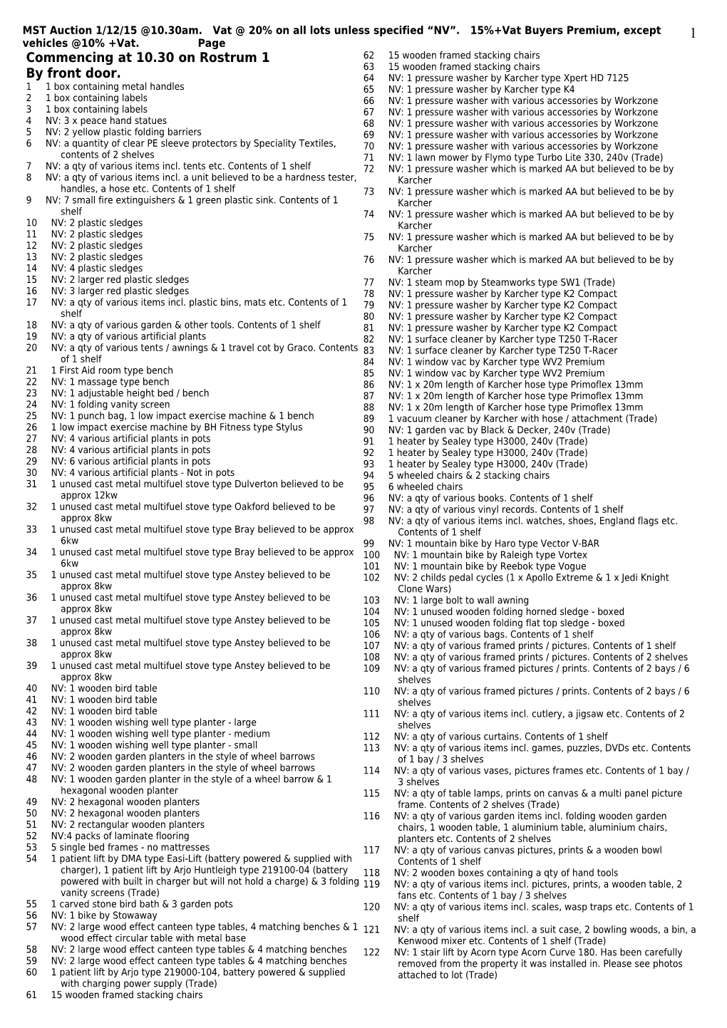 MST Auction 1/12/15 10.30Am. Vat 20% on All Lots Unless Specified NV . 15%+Vat Buyers