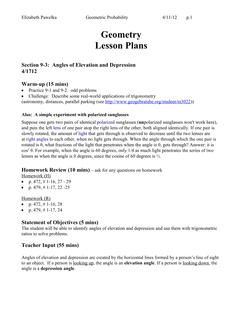 Section 9-3: Angles of Elevation and Depression