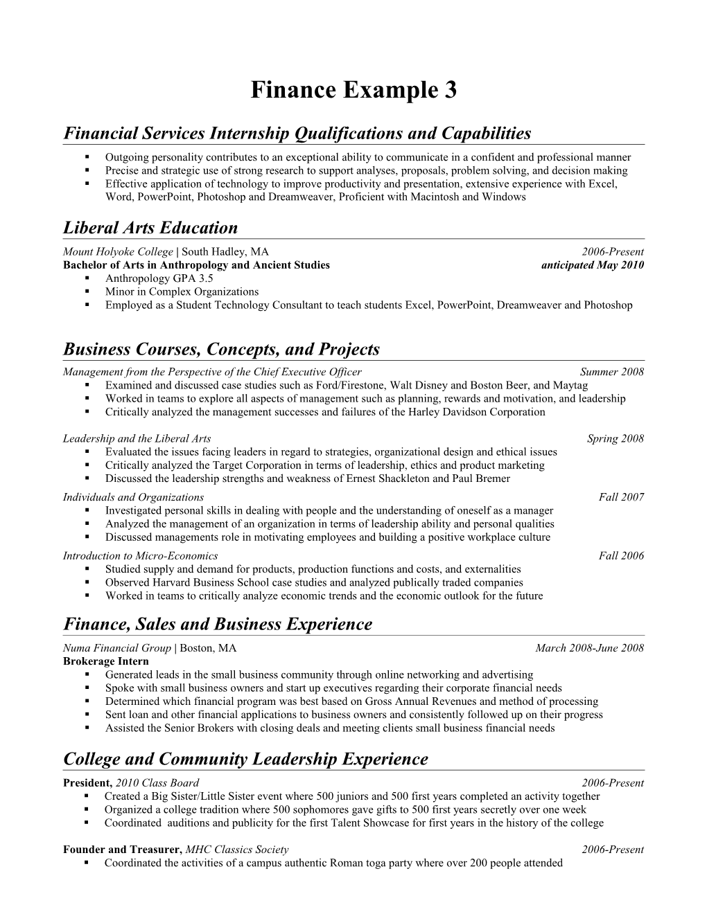 Financial Services Internship Qualifications and Capabilities s1