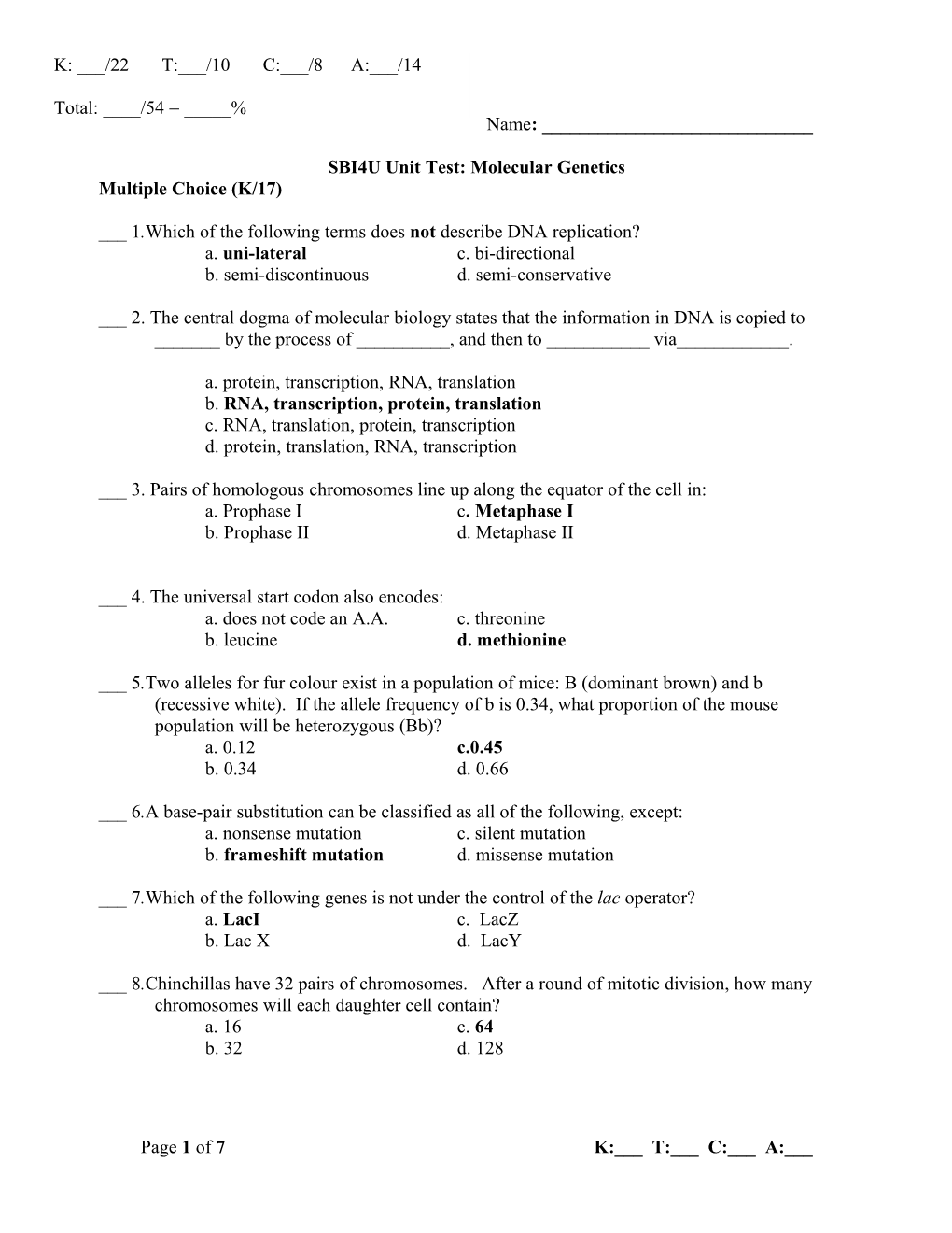 SBI4U Unit Test: Molecular Genetics