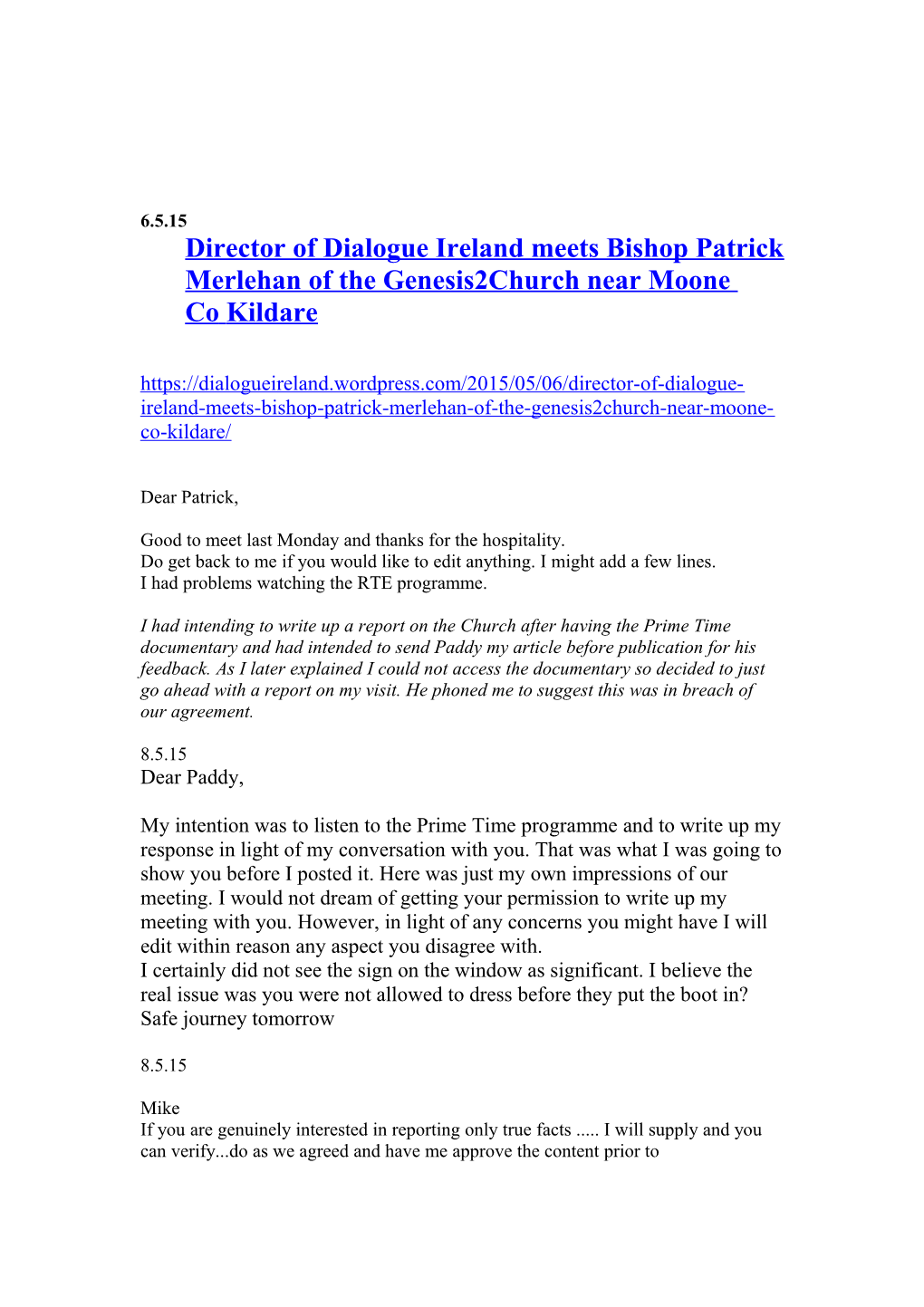6.5.15Director of Dialogue Ireland Meets Bishop Patrick Merlehan of the Genesis2church
