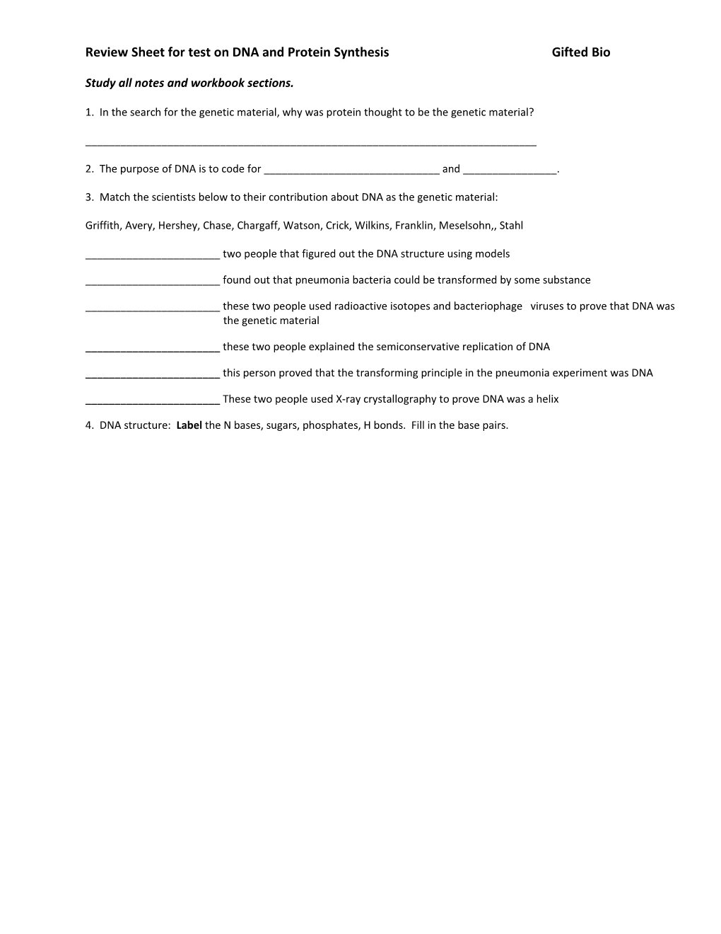 Review Sheet for Test on DNA and Protein Synthesis Gifted Bio