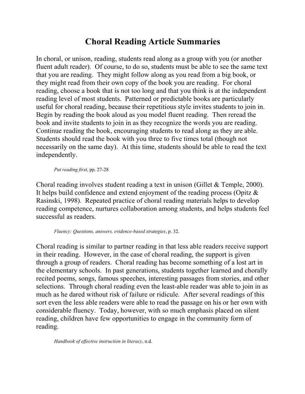 Choral Reading Article Summaries