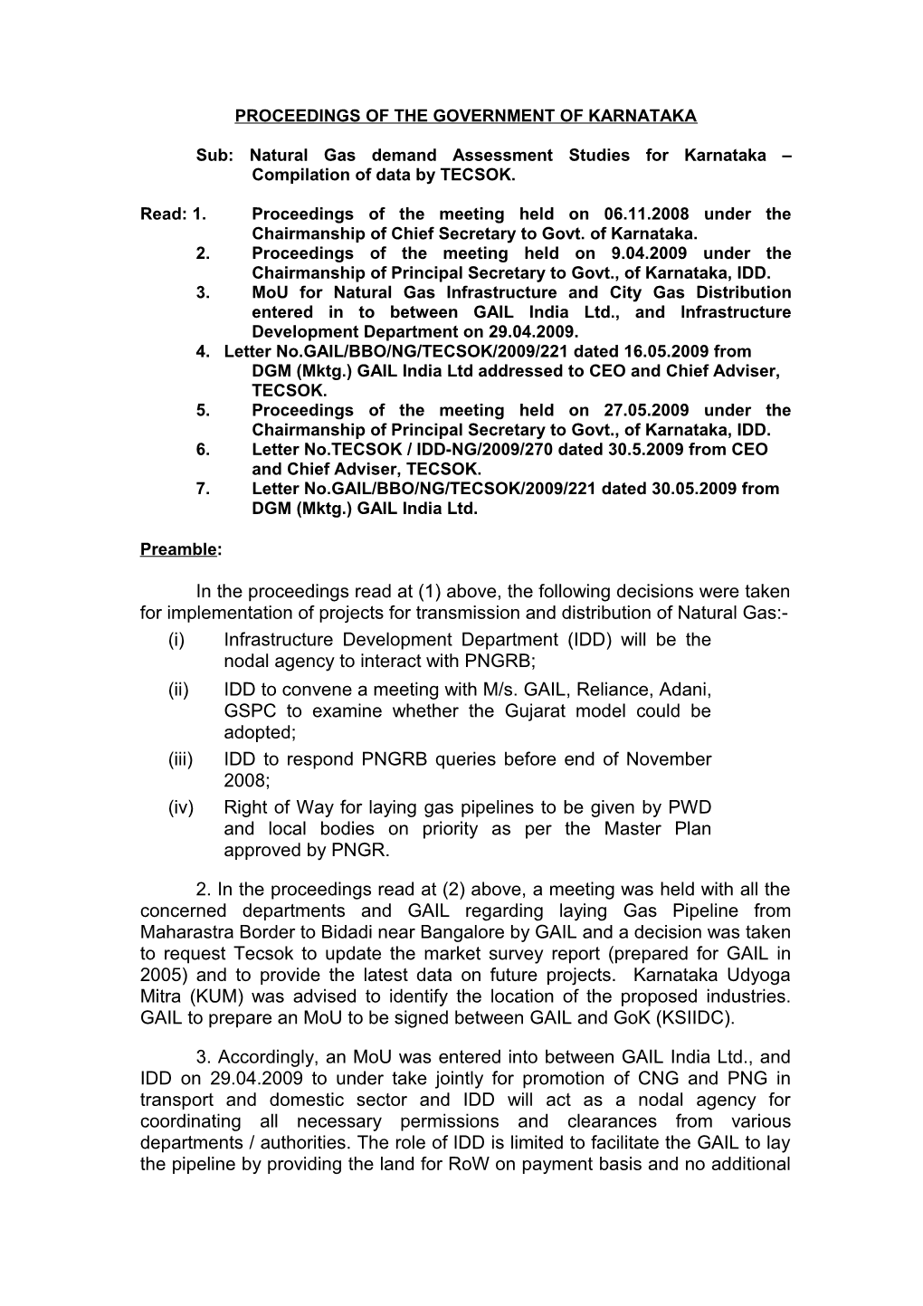 Proceedings of the Government of Karnataka