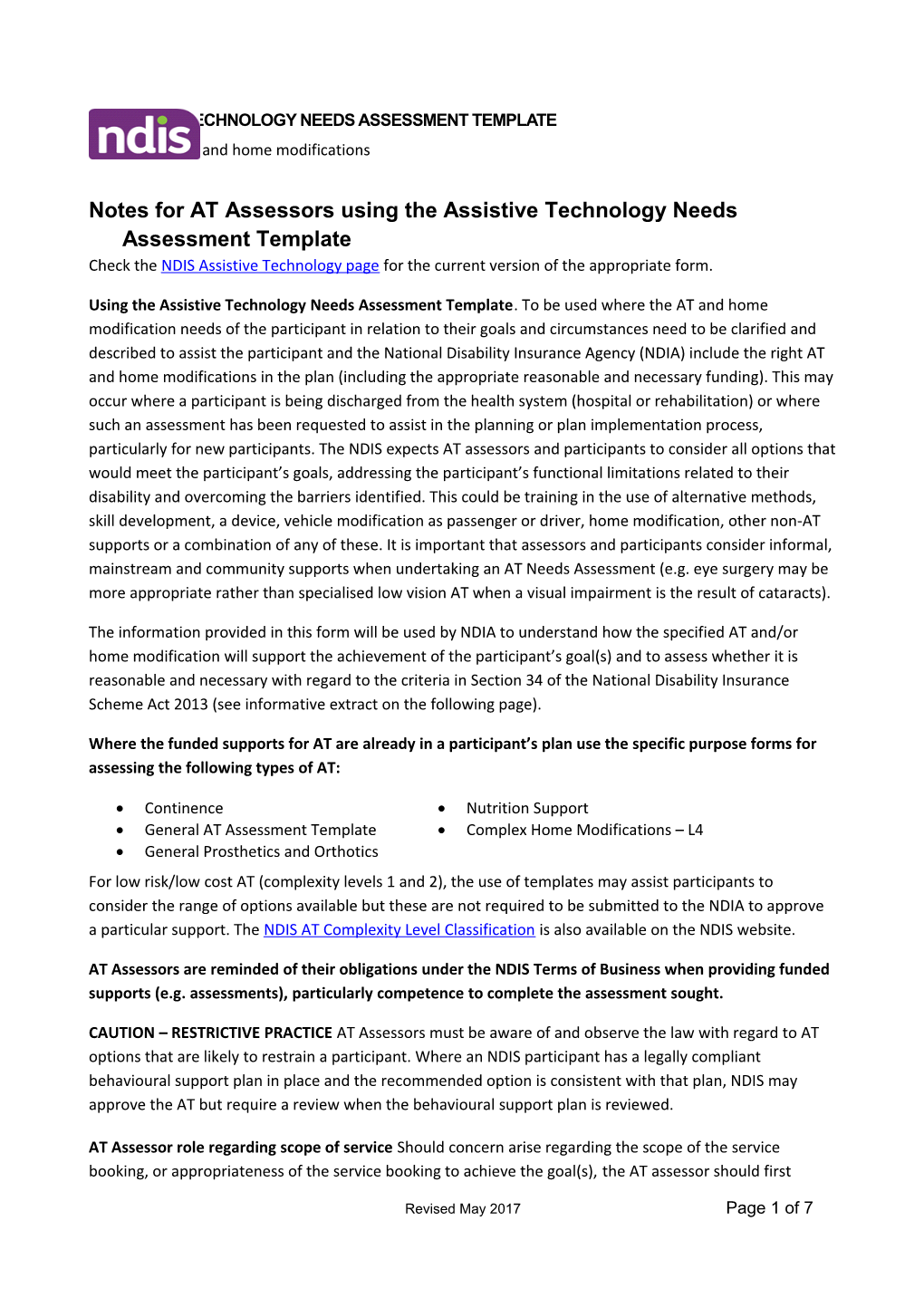 Notes for at Assessors Using the Assistive Technology Needs Assessment Template
