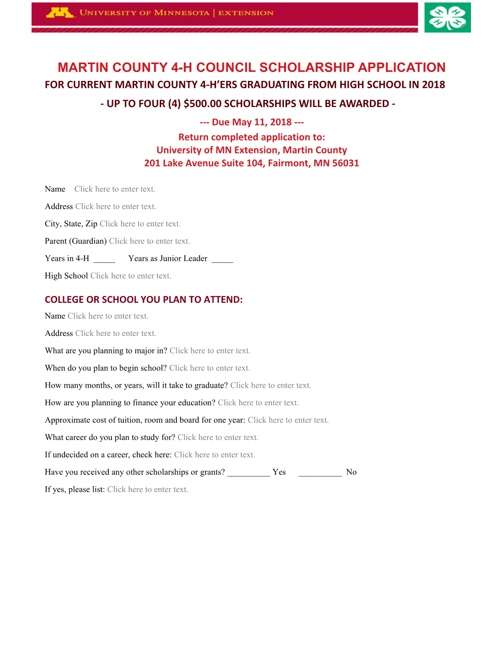 Martin County 4-H Council Scholarship Application