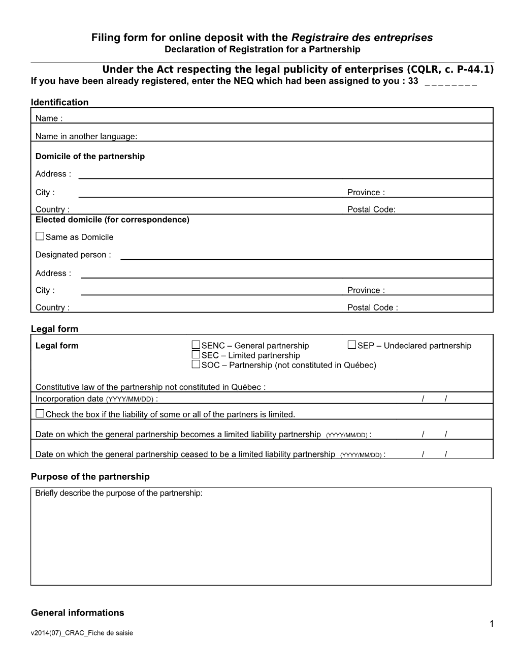 Filing Form for Online Deposit with the Registraire Des Entreprises