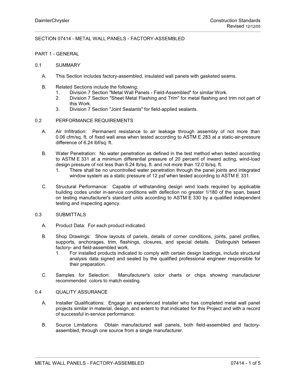 Section 07414 - Metal Wall Panels-Factoryassembled