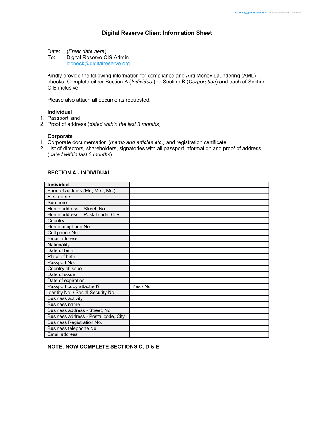 Digital Reserve Client Information Sheet