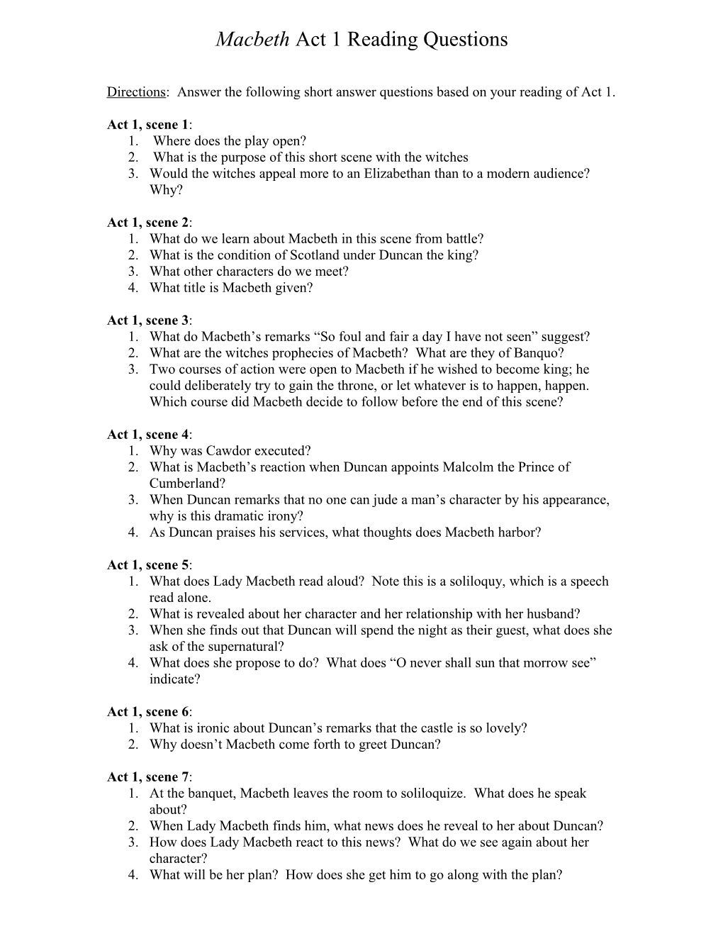 Macbeth Act 1 Reading Questions