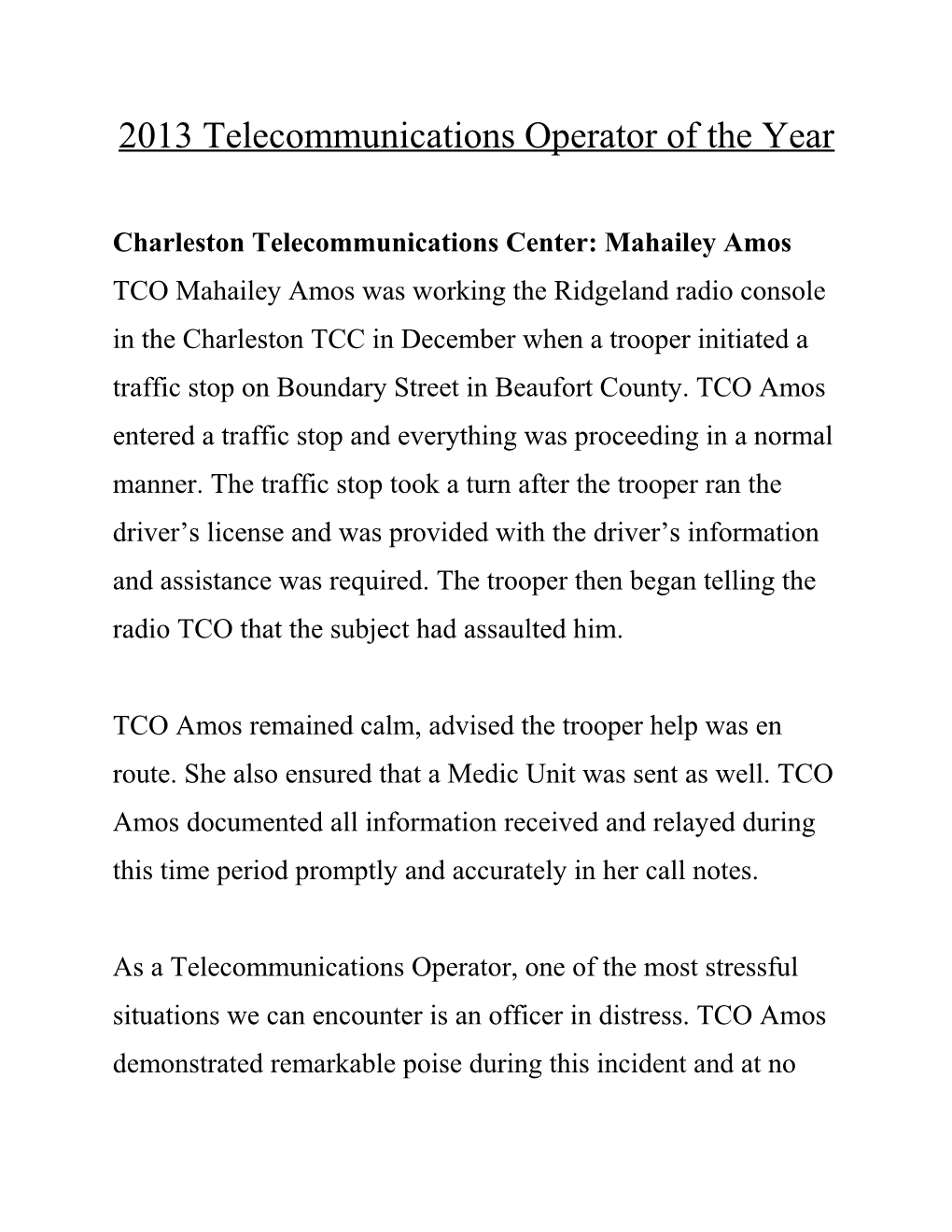 Charleston Telecommunications Center: Mahailey Amos