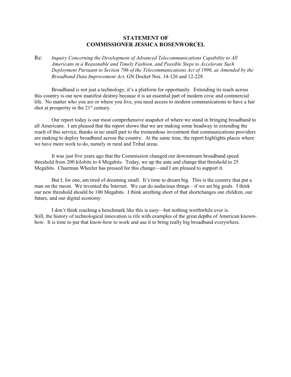 Statement of Commissioner Jessica Rosenworcel