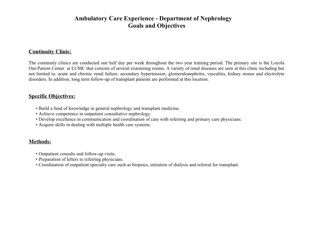 Ambulatory Care Experience - Department of Nephrology