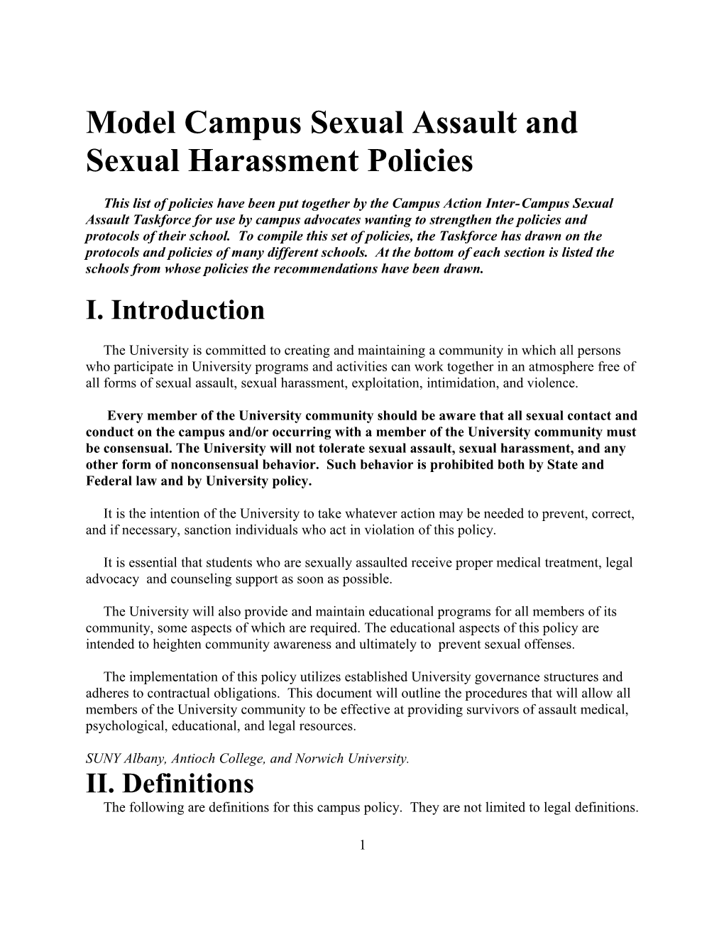 Model Campus Sexual Assault and Sexual Harassment Policies