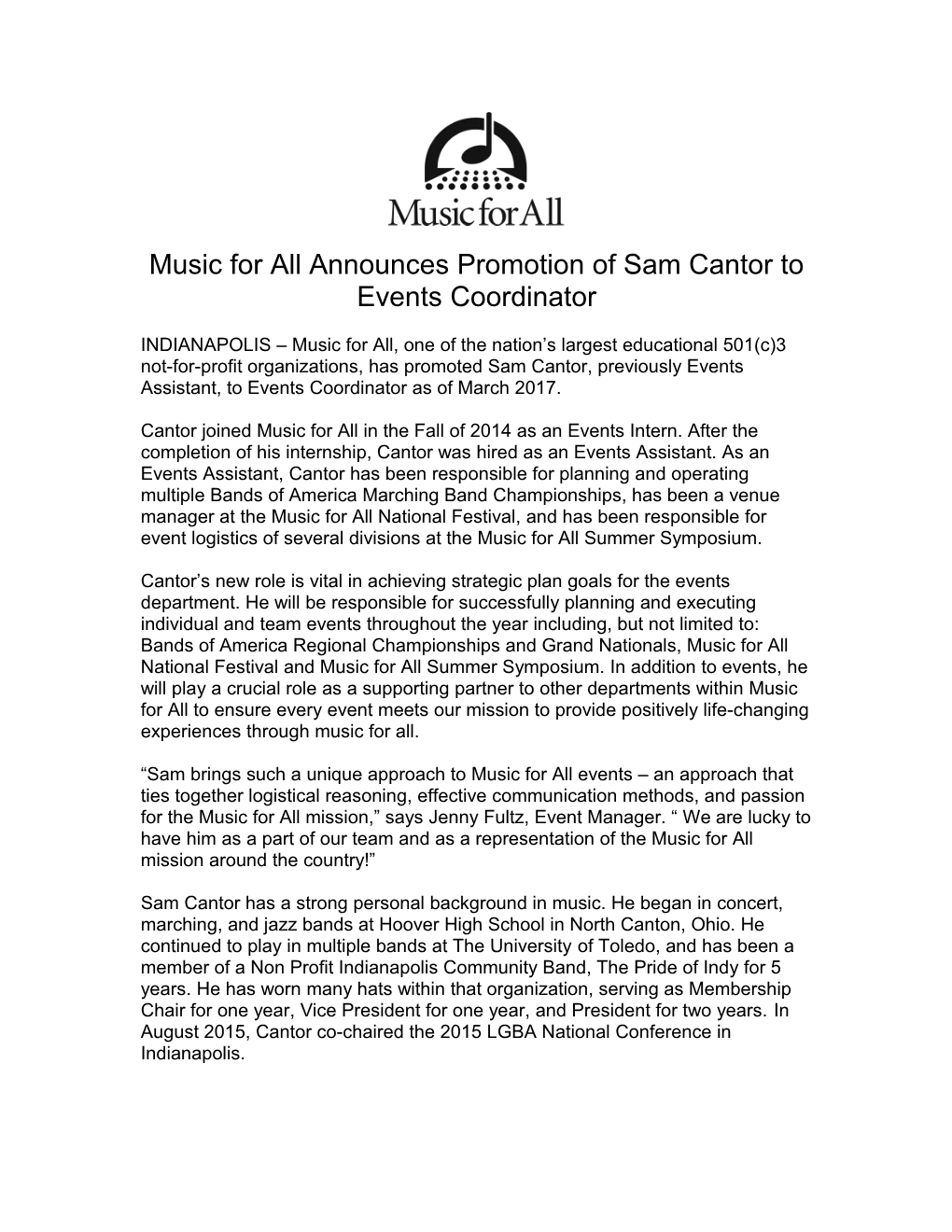 Music for All Announces Promotion of Sam Cantor to Events Coordinator