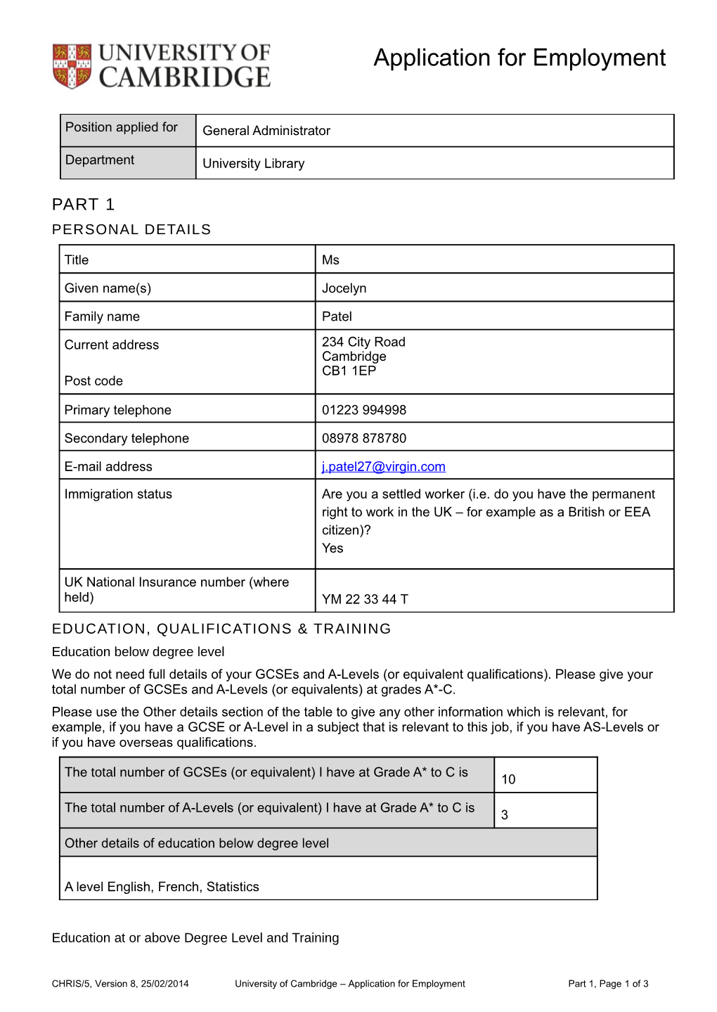 Application for Employment s109