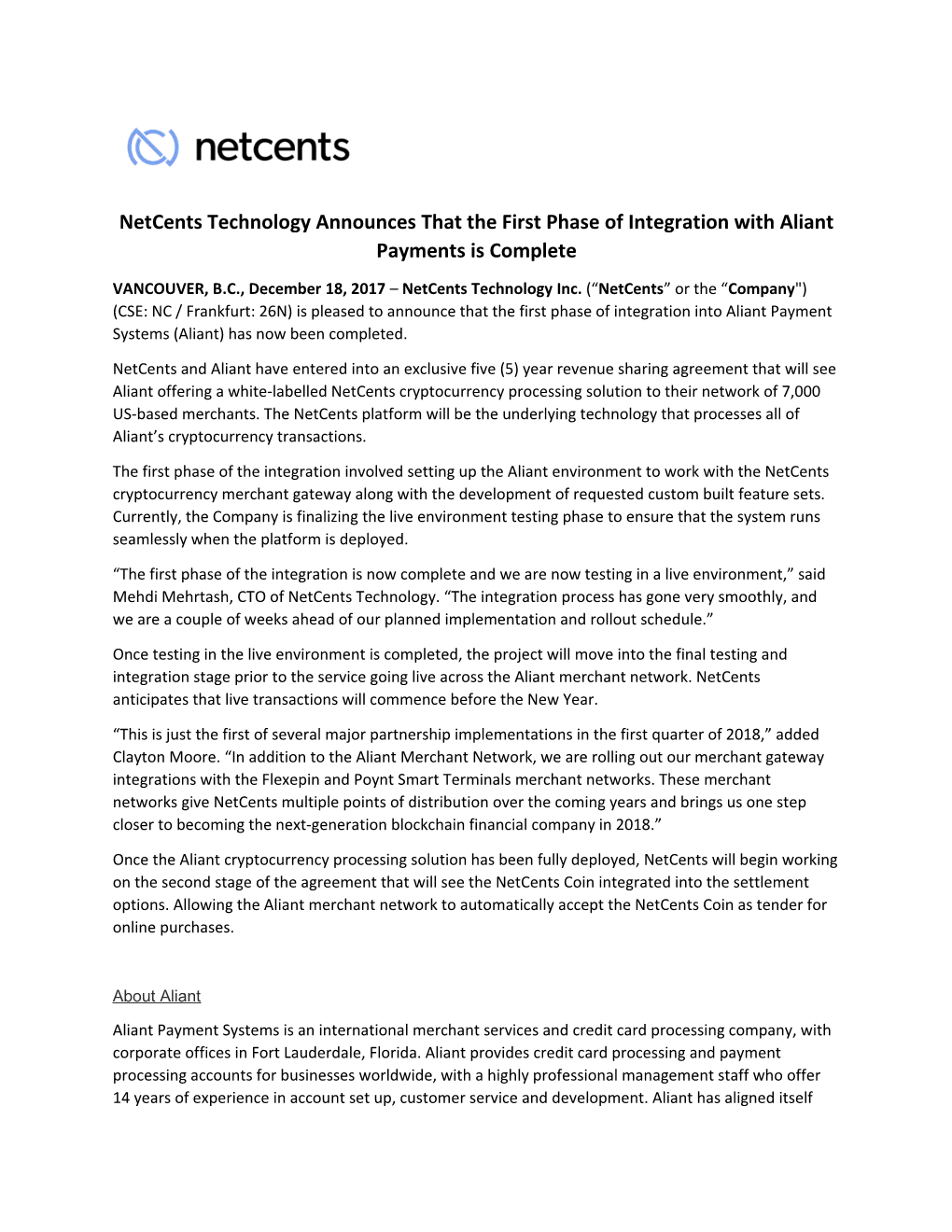 Netcents Technology Announces That the First Phase of Integration with Aliant Payments