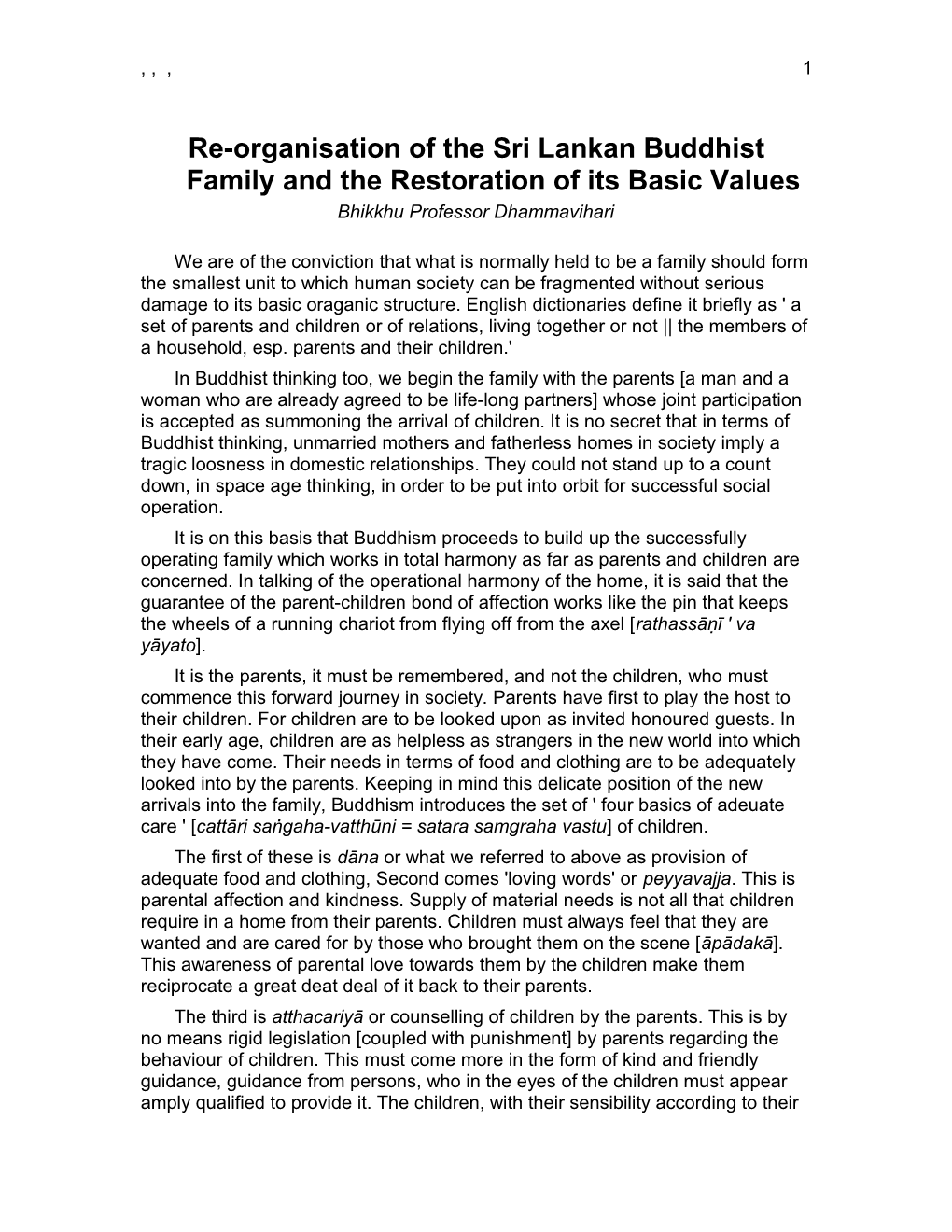 Re-Organisation of the Sri Lankan Buddhist Family and the Restoration of Its Basic Values