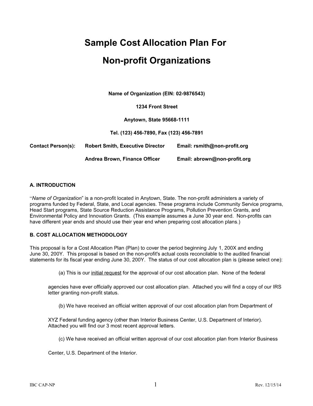 Sample Indirect Cost Proposal Format for Nonprofit Organizations