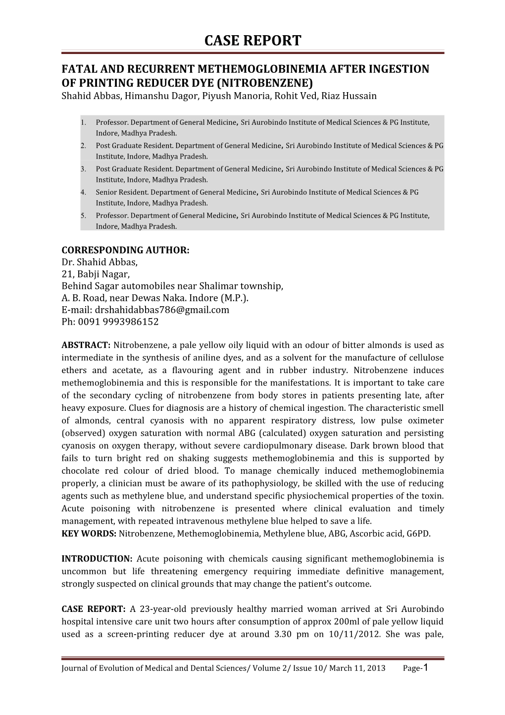 Fatal and Recurrent Methemoglobinemia After Ingestion of Printing Reducer Dye (Nitrobenzene)